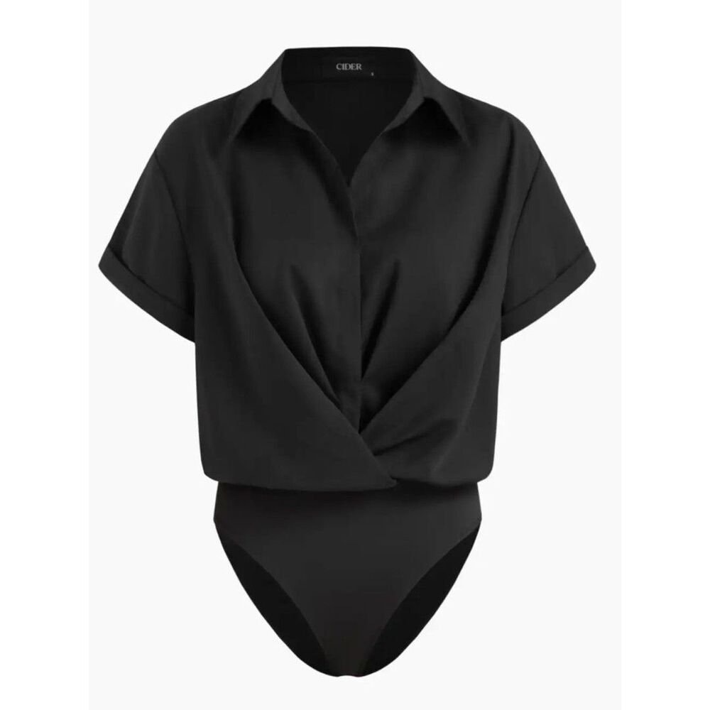 Cider Black Twist Front Bodysuit Collared Oversized Shirt Top